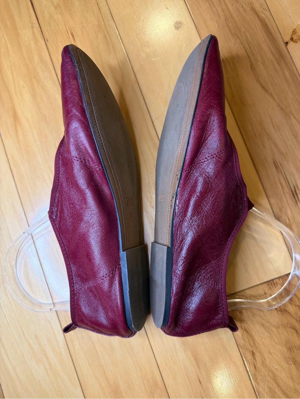 Zara Wine Red Leather Ballet Flats with Elastic Crossover Strap - Picture 6 of 11